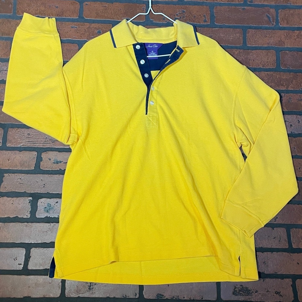Hunt Club Men's L Yellow Pique Long Sleeve‎ Polo Baggy Y2K 5-Button Navy Accents